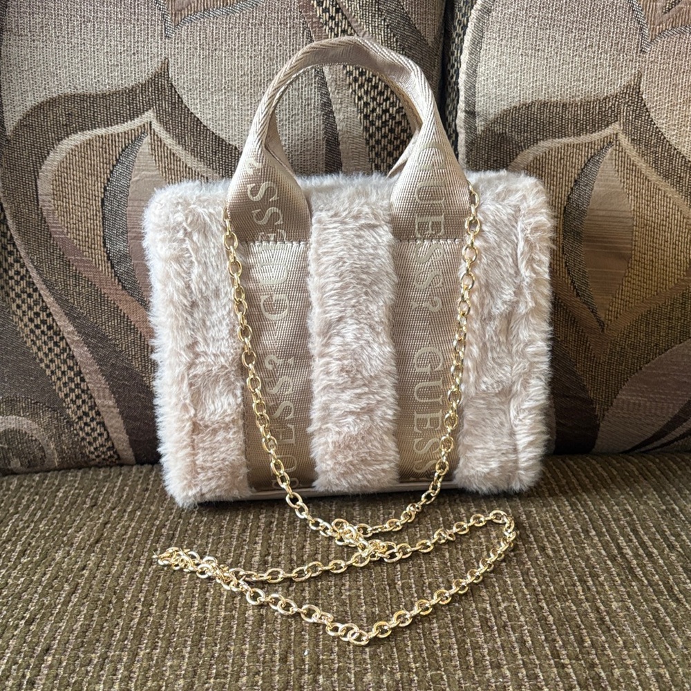 Guess Cream Faux Fur Mini Bag with Gold Chain